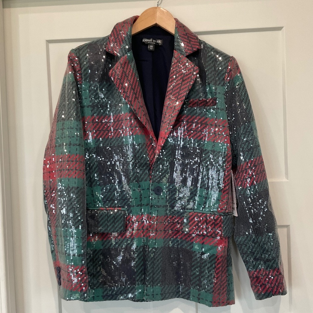 Johnny Wujek Sequin Plaid Blazer Size XS NWT Holiday Sparkle Jacket
